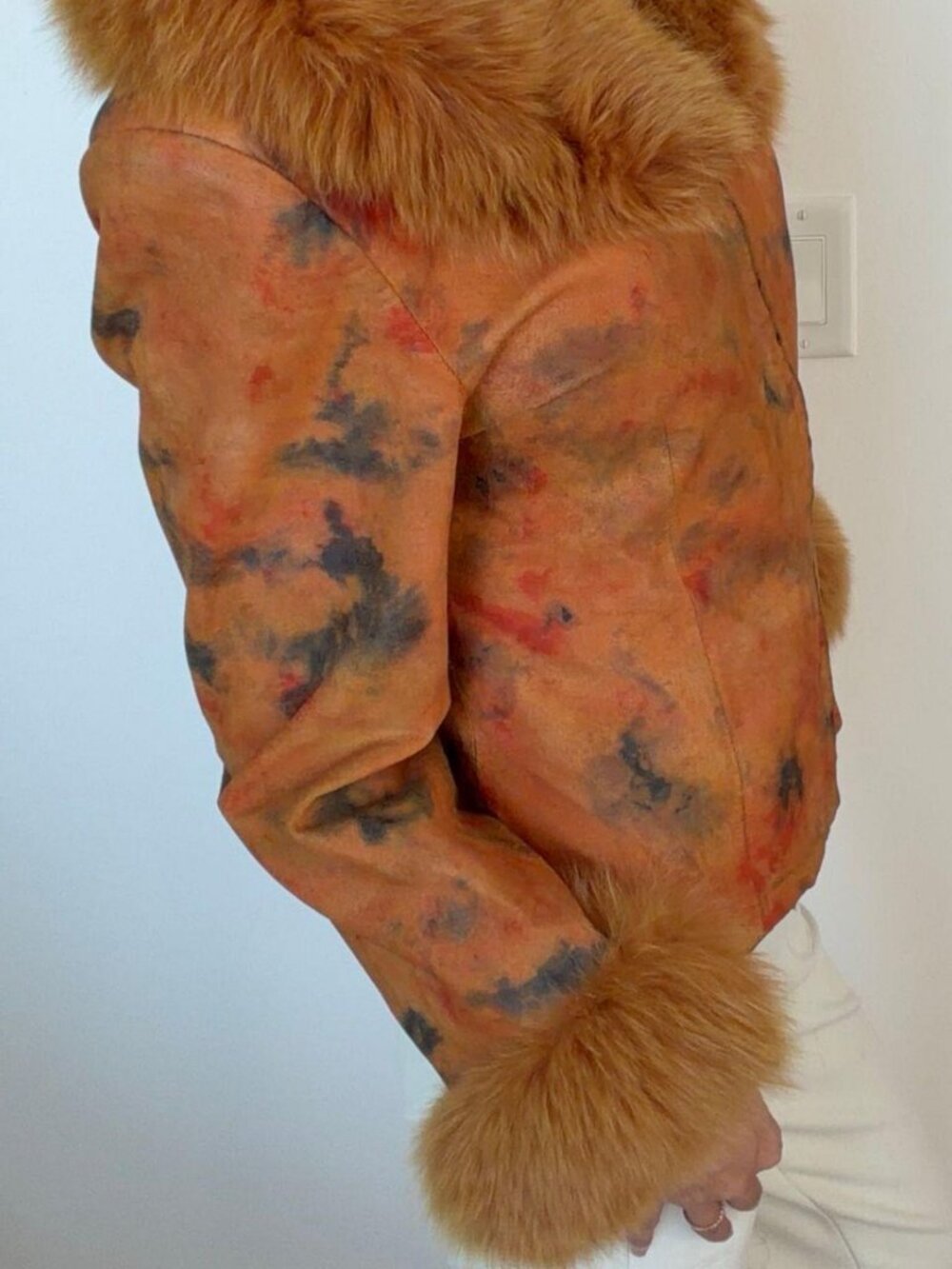Orange Printed Leather Jacket with Fur Collar